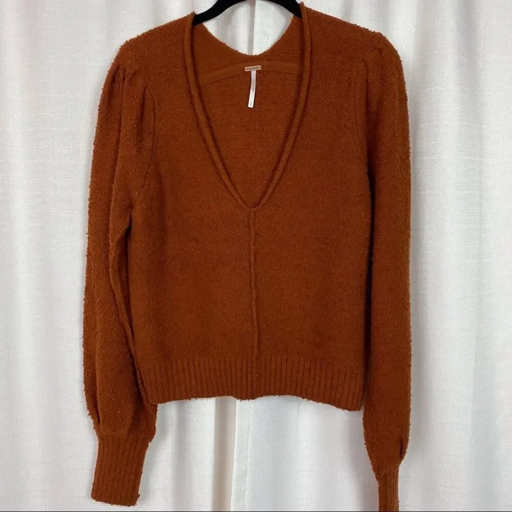 Free People Dark Orange Burnt Butter Reverie V Neck Blouson Sleeve Sweater NWT